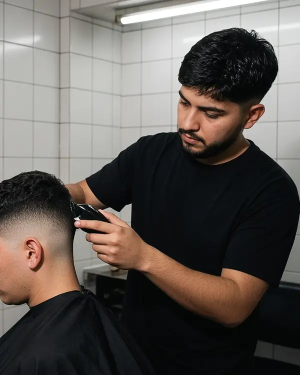 Barbero haciendo un fade con máquina a un cliente (imagen ilustrativa hecha con IA)